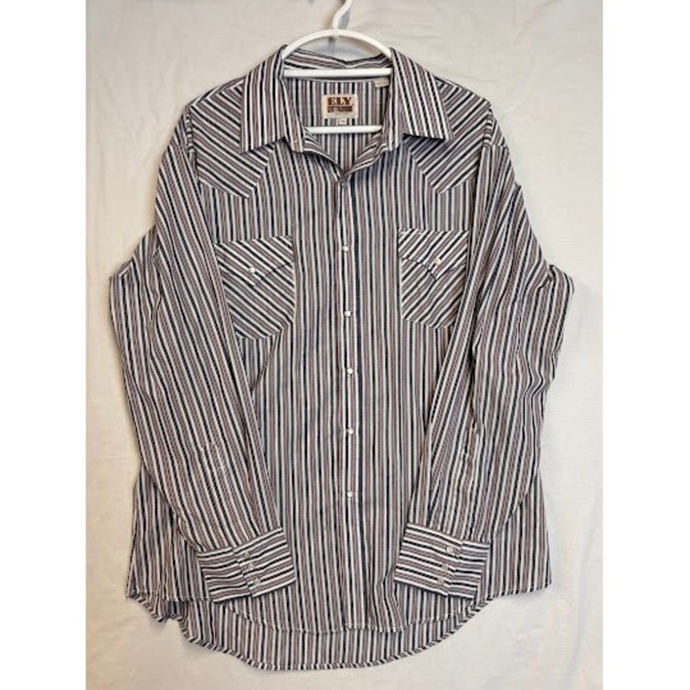 Ely Cattleman Mens XL Western Pearl Snap Striped Shirt Navy Burgundy Long Sleeve